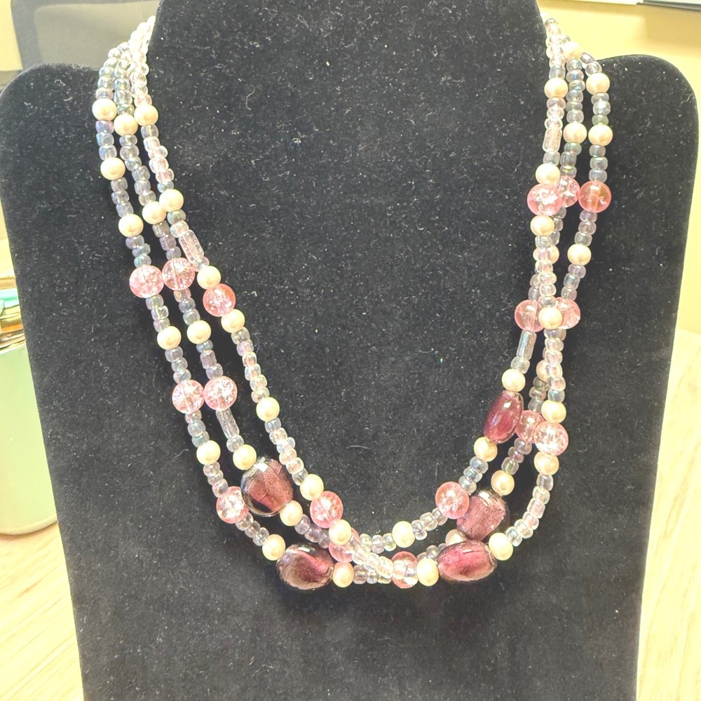 Pink Purple Cream Triple Strand Beaded Layered Necklace Faux Pearl Glass Bead